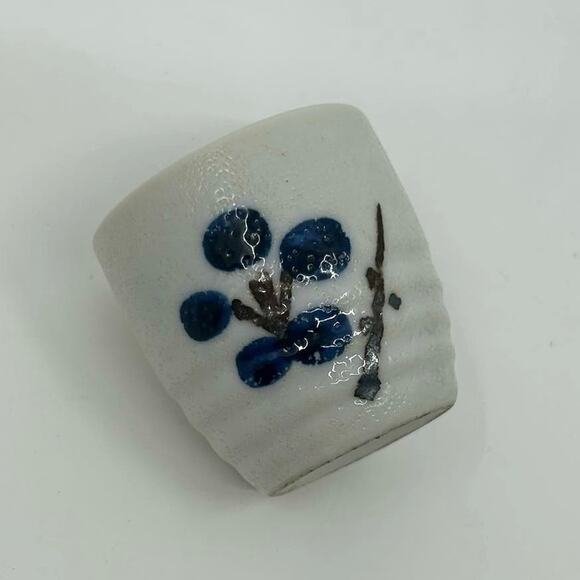 Vintage Tea Cup Shot Sz Mini Japanese Handmade Ceramic Printed Cream/Blue/Brown - Picture 2 of 5